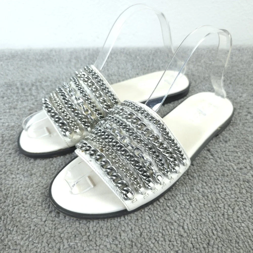 Coach Hayden Flat Sandal Womens Size 8 Beige Leather Silver Chain Slide G3978